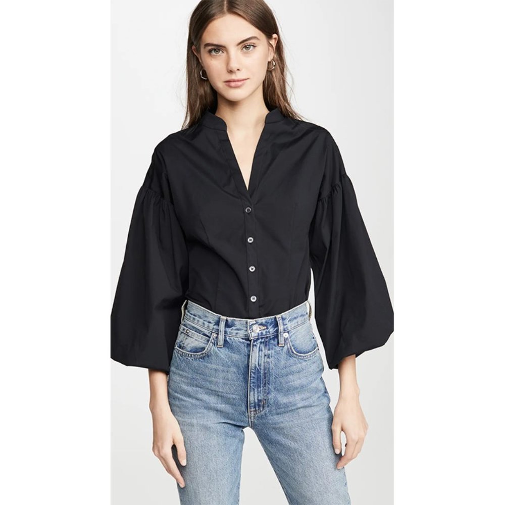 Veronica Beard Aileen Blouse Button Down Puff Drop Sleeve Stretch Poplin Black 2